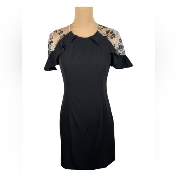 MOLLY BRACKEN ~Elegant Black Dress with Sheer Floral Sleeves Size Small - Picture 1 of 9
